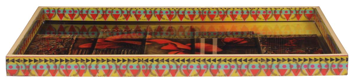 Buy in Bulk Wholesale Serving Tray in MDF - Sunset Colors - 14” Hand-Crafted Decorative Tray with Floral Pattern on Panels - Classic Serve-Ware/Decor/Gifts from India